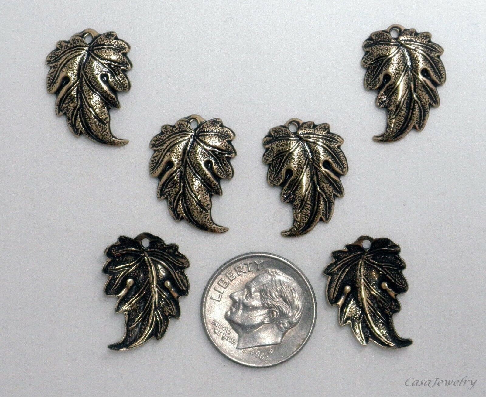 #3453 ANTIQUED GOLD LEFT & RIGHT LEAVES W/TOP HANG HOLE – 12 Pc Lot (6 Pair)