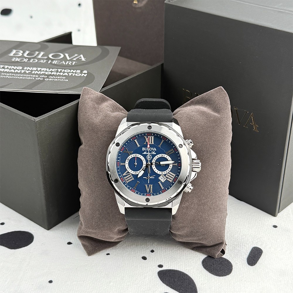Bulova 98B258 Marine Star Men’s 44mm Blue Dial Rubber Strap Quartz Watch
