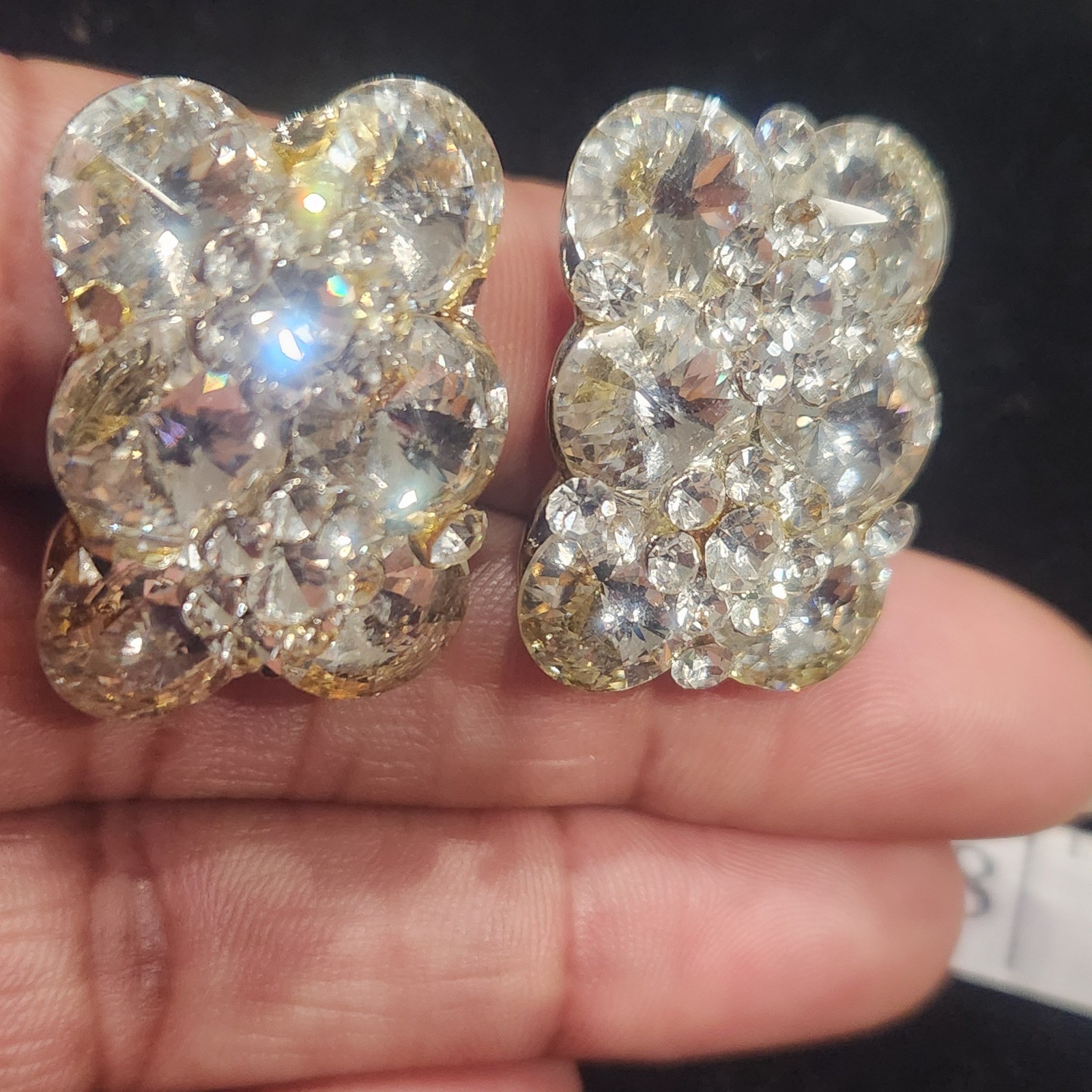 Vintage Clear Crystal Cluster Clip On Earrings Silver Tone Scalloped Statement