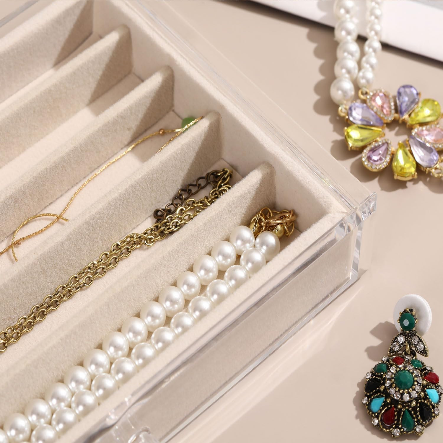 Necklace Organizer Box with Clear Lid, Dustproof Velvet Jewelry Holder Storage D