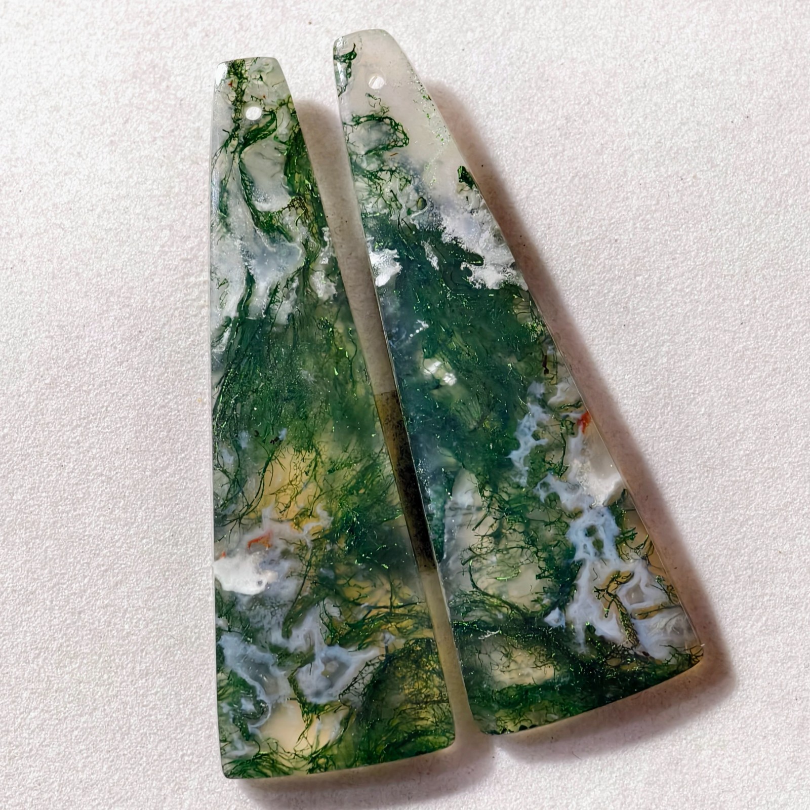 47 Cts Natural Moss Agate Drilled Match Pair Cabochon Gemstone 46.9 X 15.4 MM
