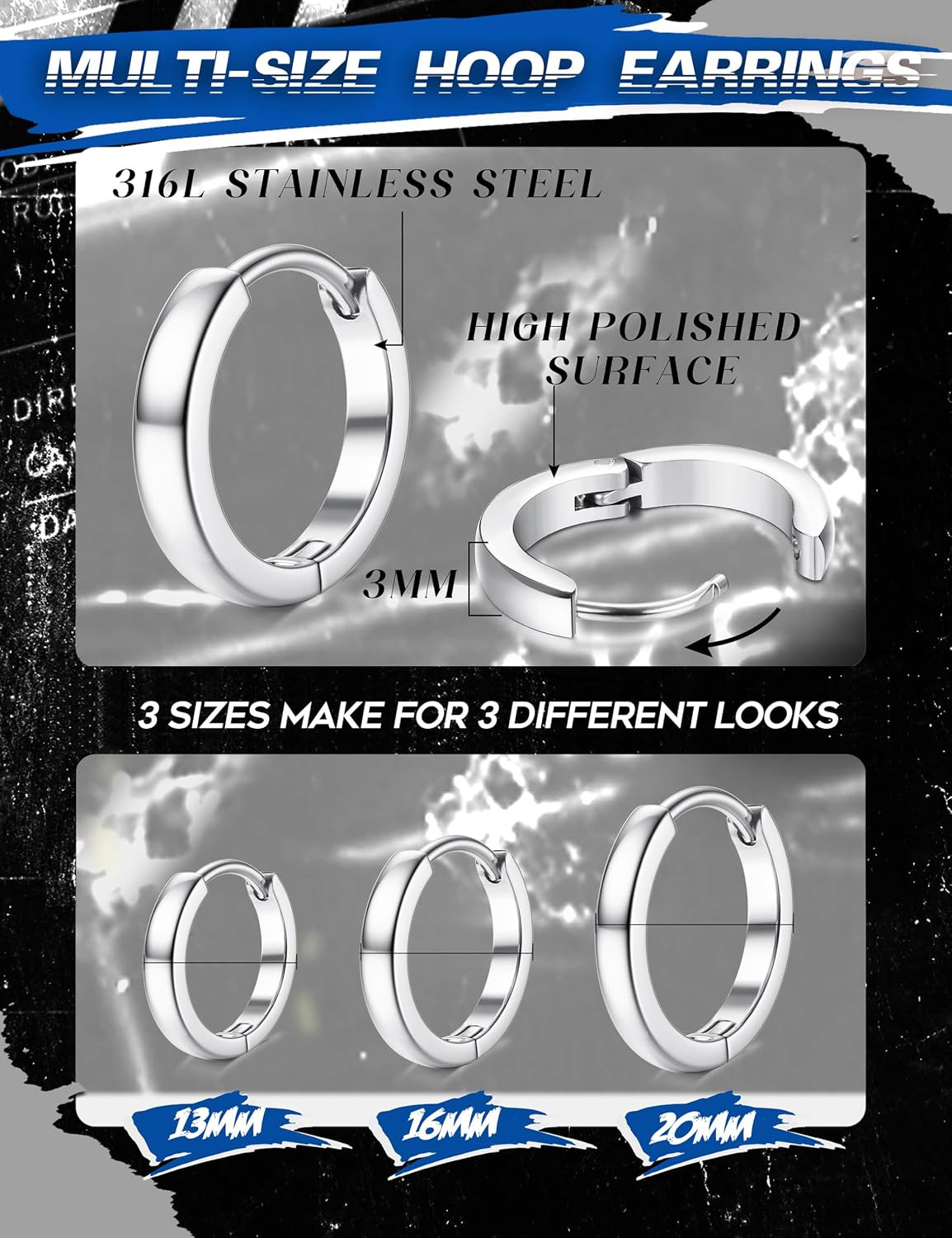 3Pairs Stainless Steel Mens Womens Hoop Earrings Huggie Ear Piercings Hypoallerg
