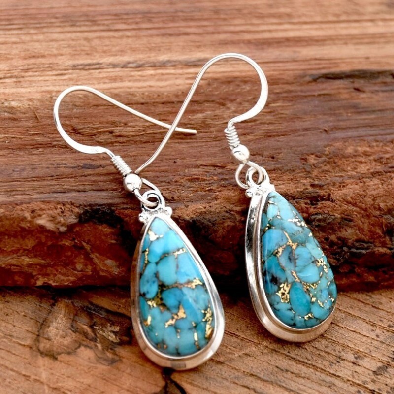 925 Sterling Silver Pear Shape Blue Copper Turquoise Gemstone Earrrings