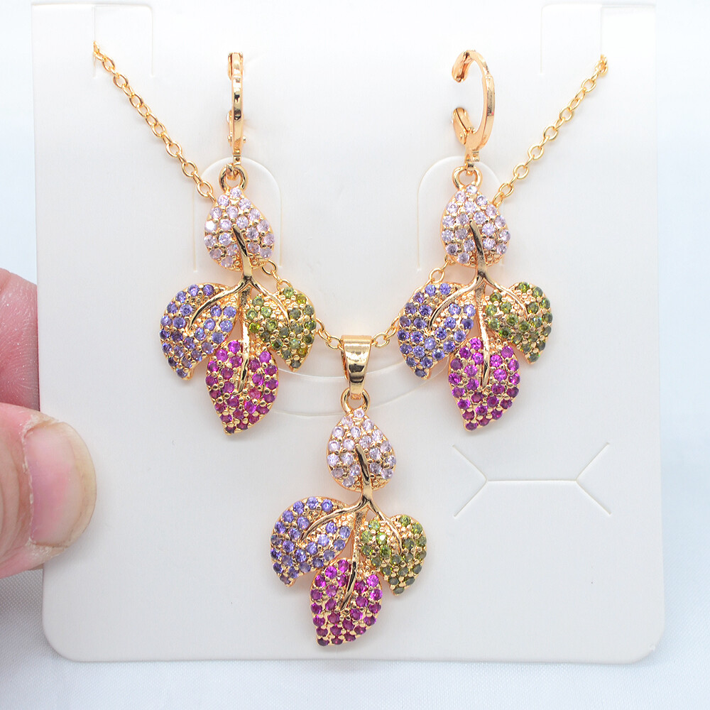 18K Yellow Gold Filled Multicolor Topaz Leaf Earrings & Pendant Jewelry Set