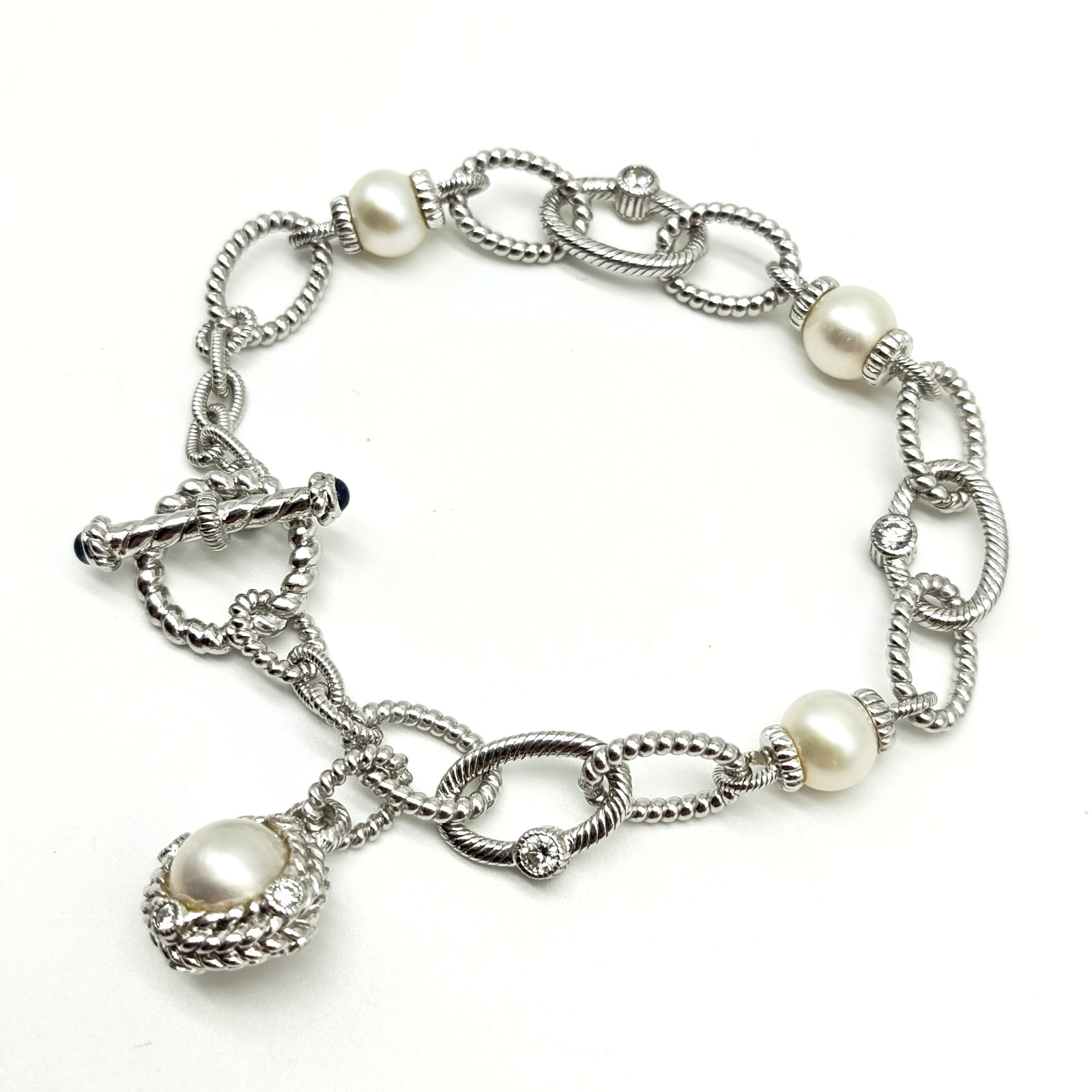QVC Judith Ripka Sterling Silver 925 Pearl & CZ Station Bracelet 8.25″