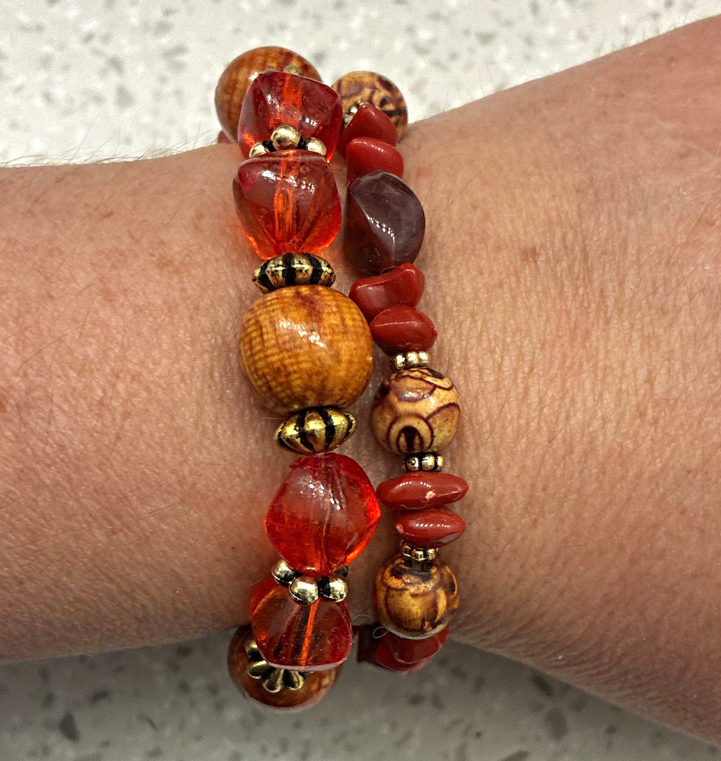 Set of 2 Beaded Stretch Bracelets Stackable Wood Glass Orange Red Brown