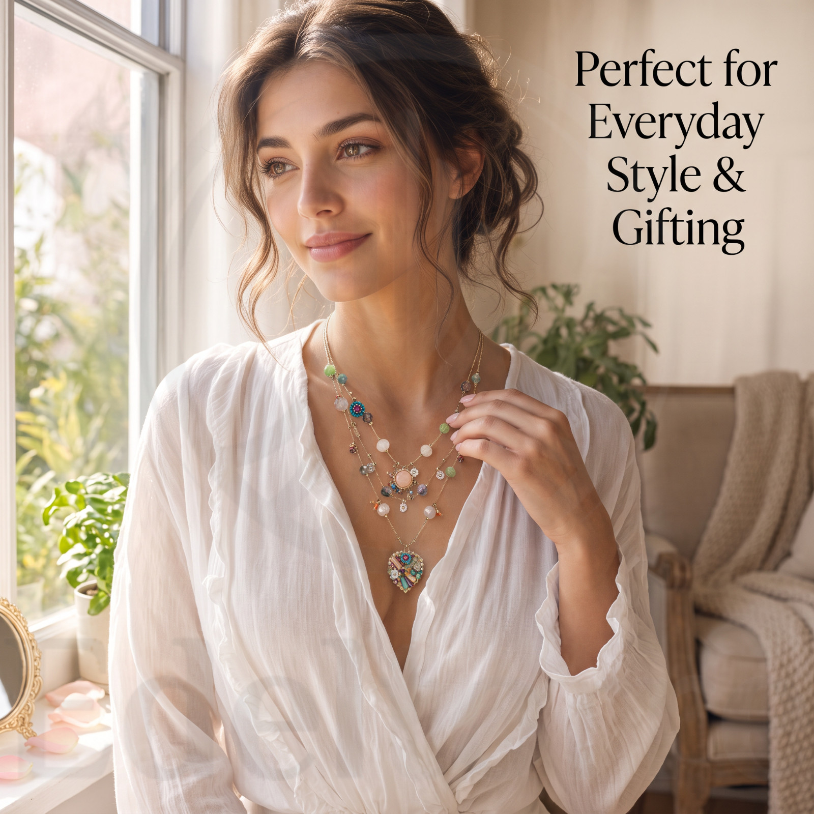Women’s Layered Necklace Butterfly Heart Gold Tone Beaded Boho Adjustable Chain