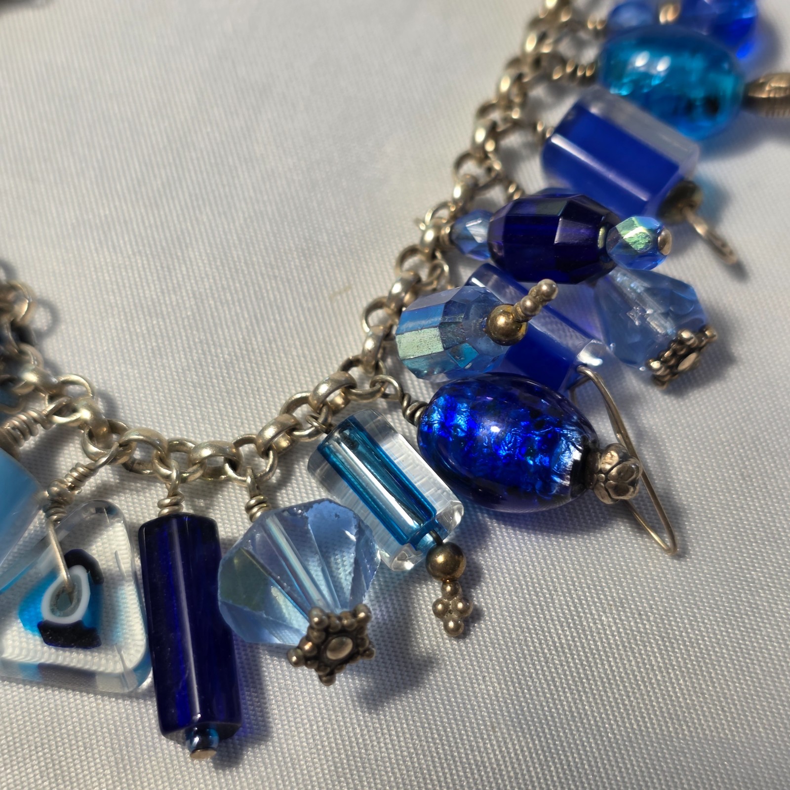 925 Sterling Silver Beaded Dangle Bracelet Cobalt Blue & Light Blue Glass Beads