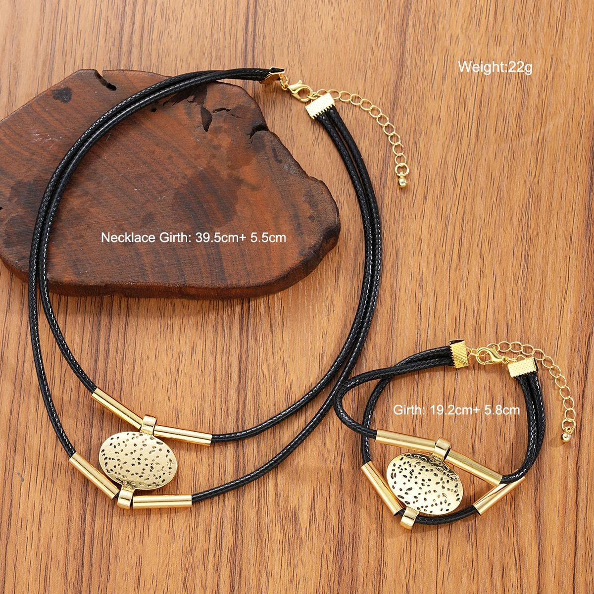 Vintage Oval Faux Leather Necklace Bracelet Set Women Gold Silver 2pc Jewelry
