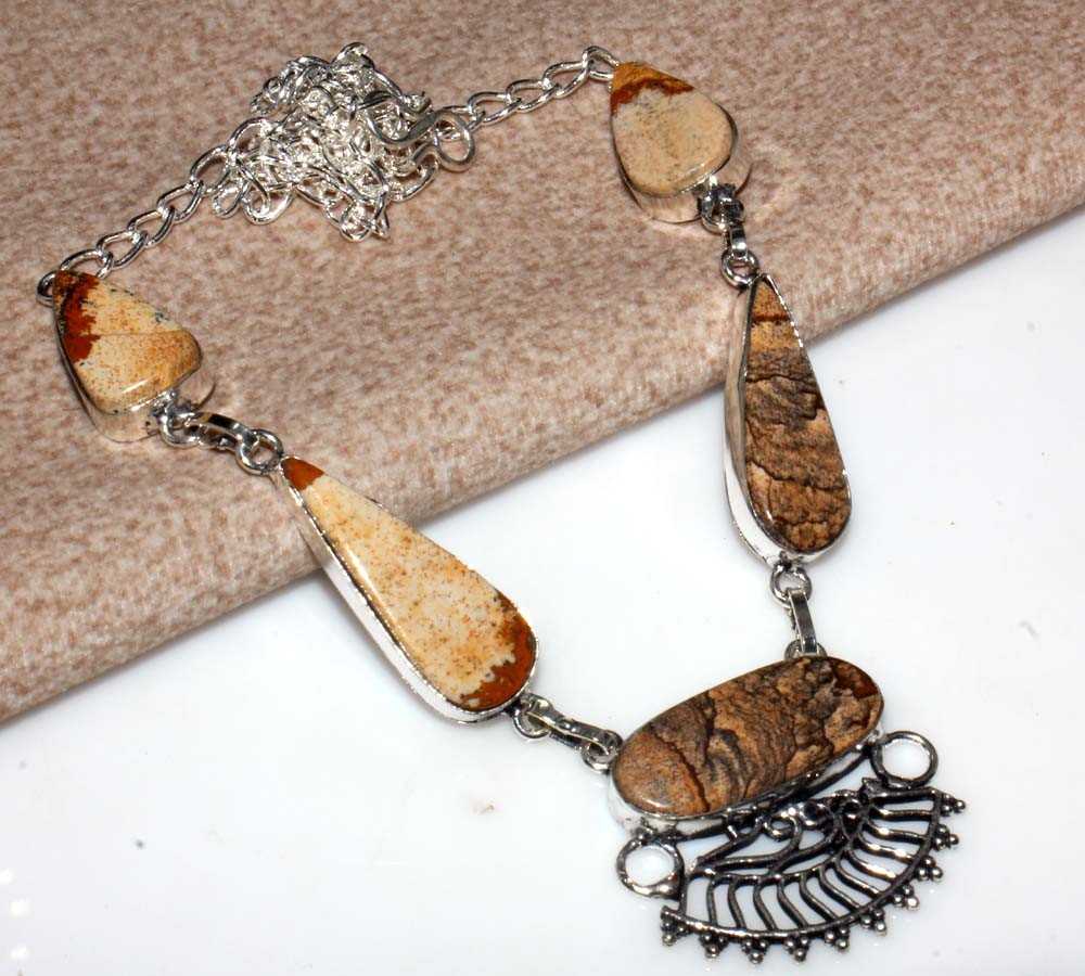 925 Silver Plated Picture Jasper Necklace 18″ Unique Boho Gift GW
