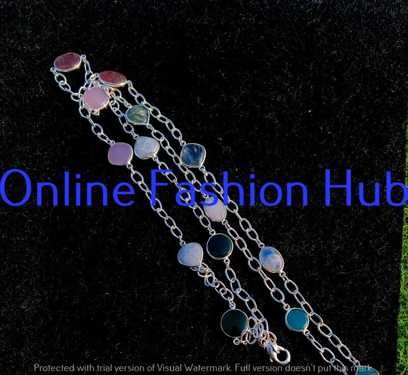 Assorted Gemstone 925 Sterling Silver Plated Necklace amazonite,Onyx,Quartz 40in