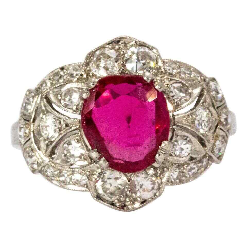 Incredible Art Deco Fancy Pink 1.5CT Ruby With Old Unique Cut CZ 935 Silver Ring