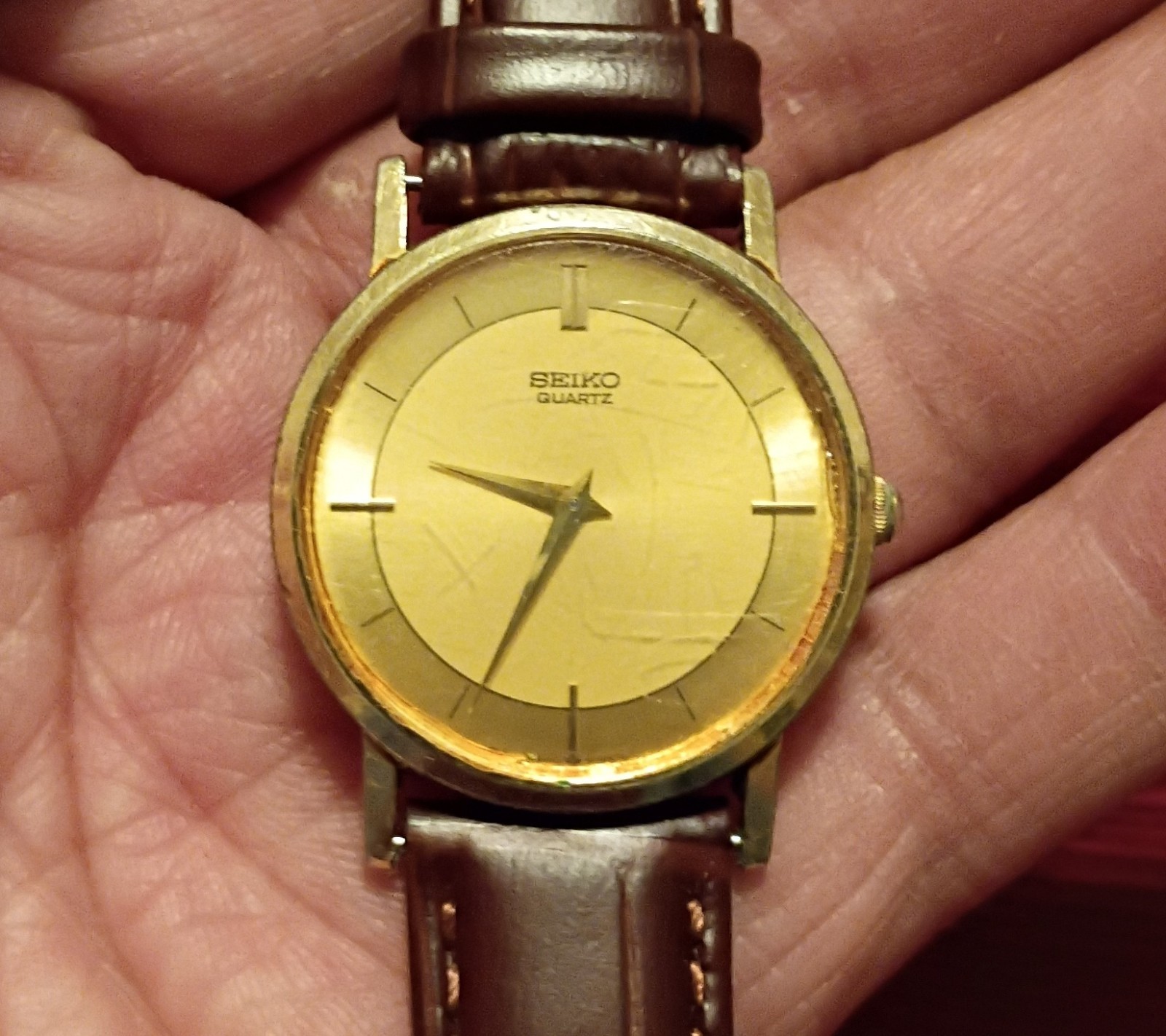 Seiko Quartz Vintage Men’s Gold Dial Gold Case Brown Leather Strap