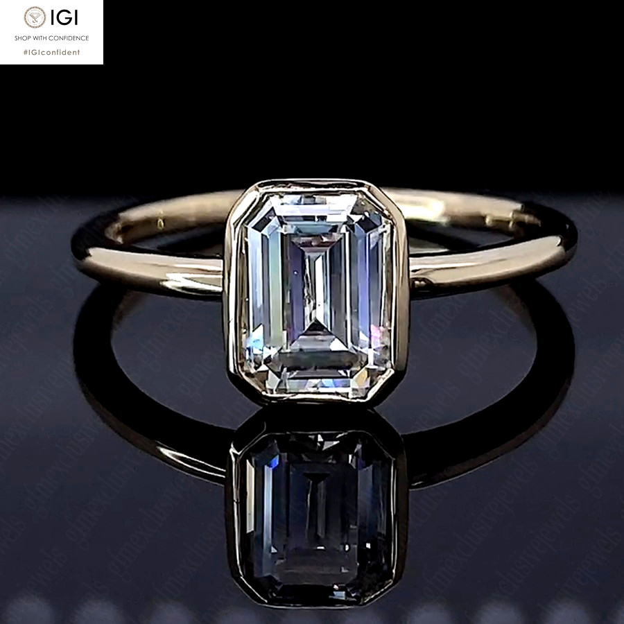 IGI F VS1 1.75Ct Emerald Lab Grown Diamond Bezel Engagement Ring 14K Yellow Gold