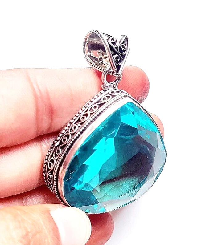 Swiss Blue Topaz Gemstone 925 Sterling Silver Handmade Jewelry Pendant 1.8″