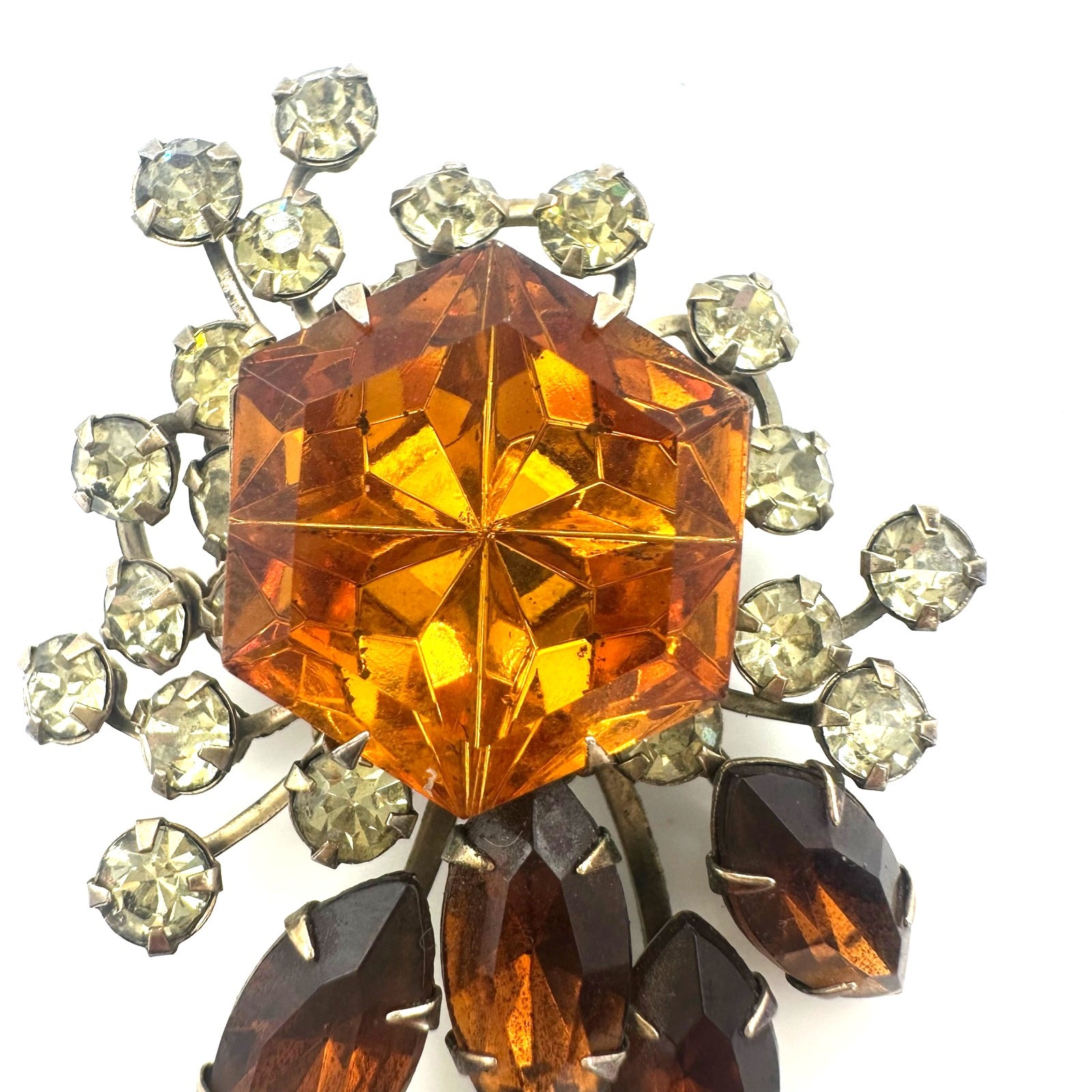 Vintage gold tone jonquil yellow topaz orange brown glass rhinestones brooch