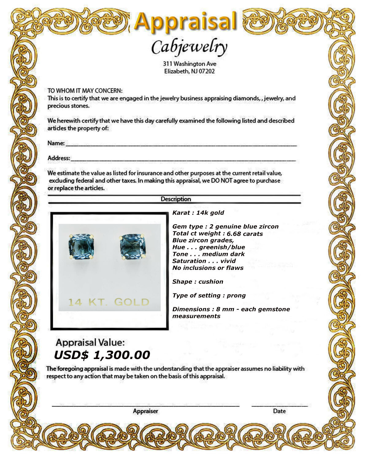 GENUINE 6.68 Ct BLUE ZIRCON EARRINGS 14k GOLD – Free Certificate Appraisal – NWT
