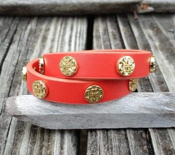Rustic Cuff Bracelet Orange Leather Meagen Double Wrap Gold Retired RC Logo Snap