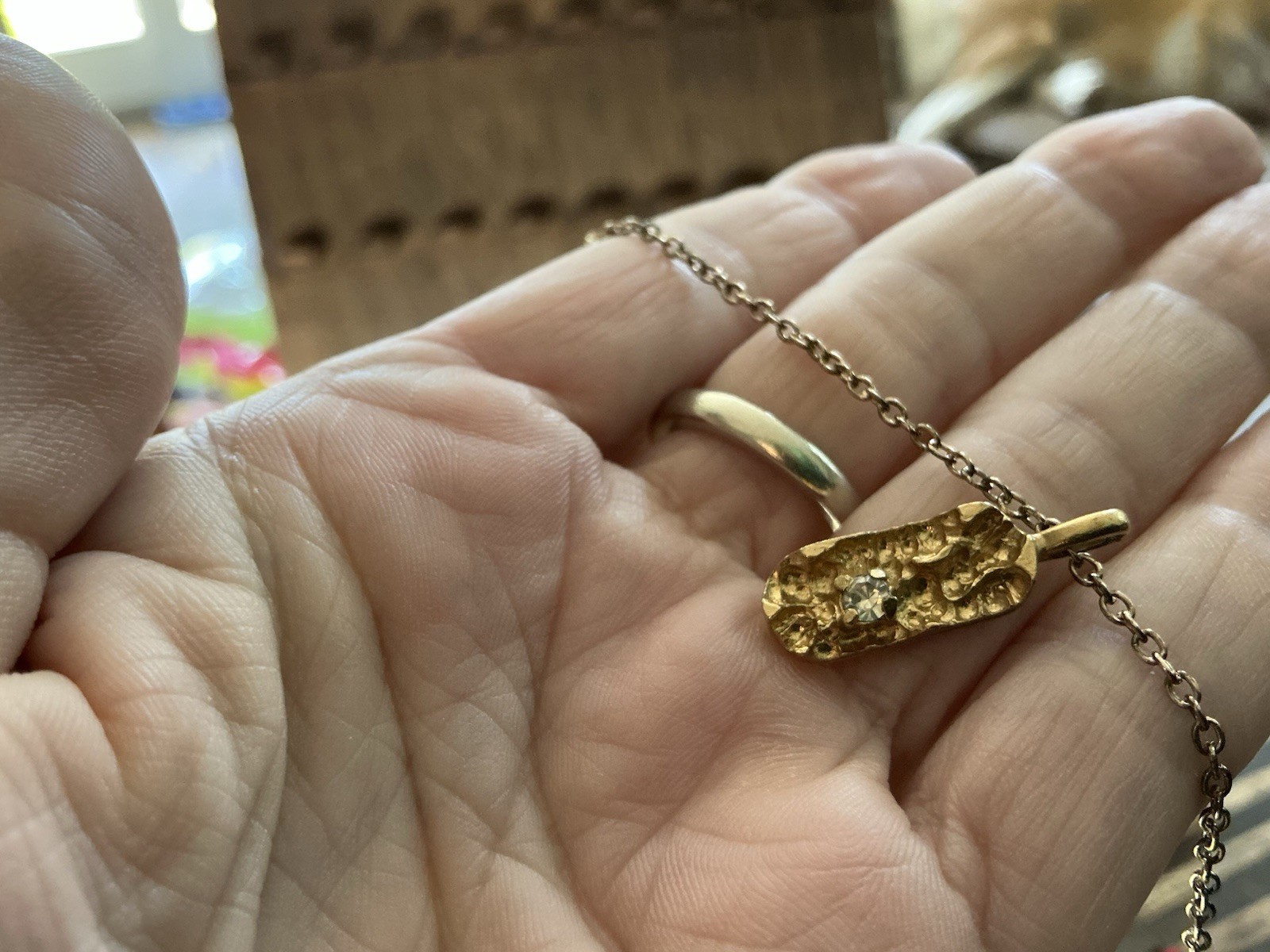 Gold Tone Textured Nugget Pendant Necklace Clear Rhinestone 17”