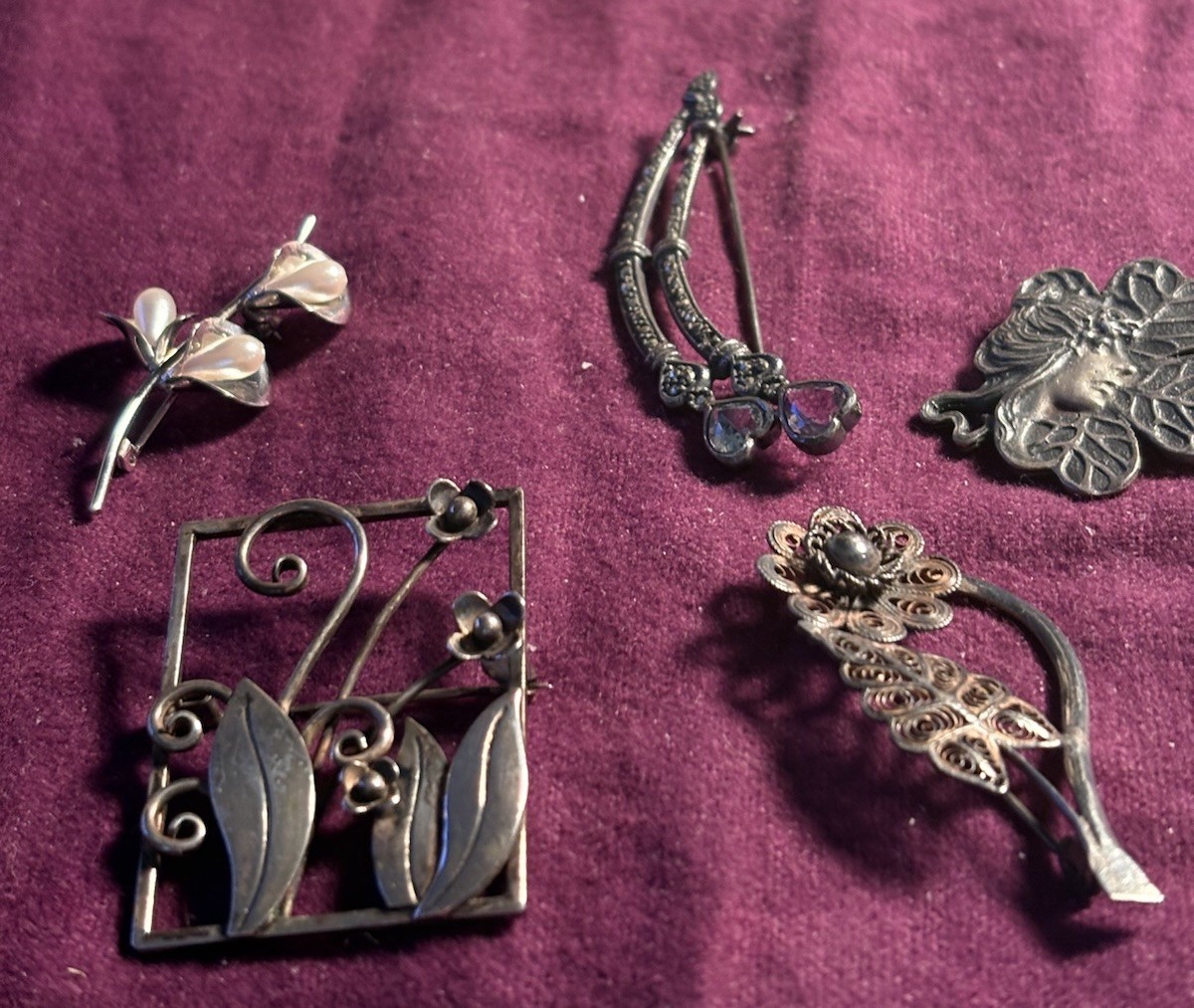Lot Of Five: Marcasite, Faux Pearl Amethyst Topez Flower Heart Brooches