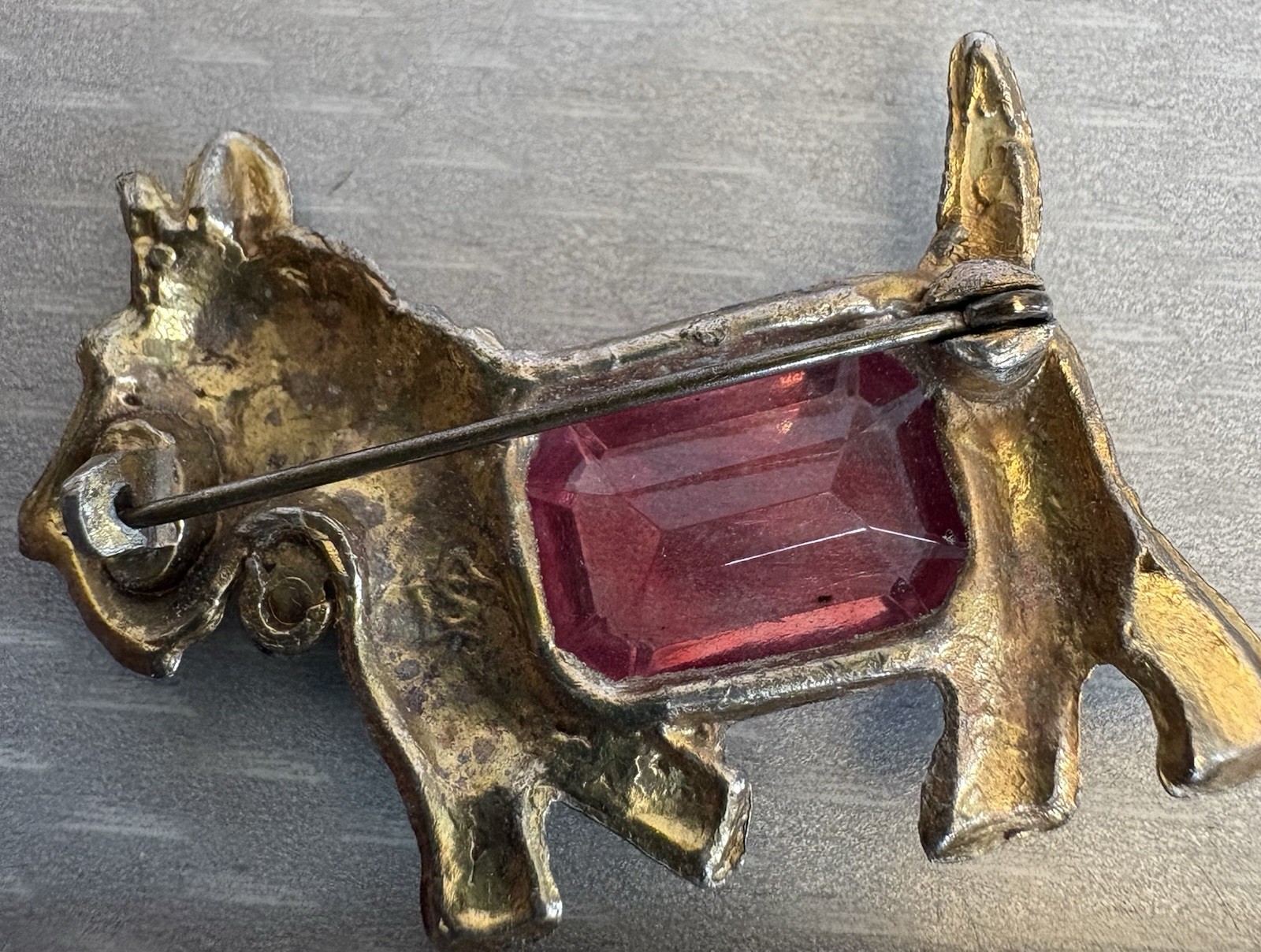 30s Vintage Scottie Dog Brooch Pot Metal Big Pink Glass Stone Signed Star S