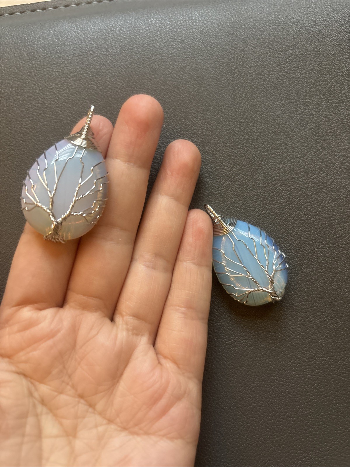 Two Silver Metal Wrapped Blue Stone Pendant tree of life wire wrapped opal like