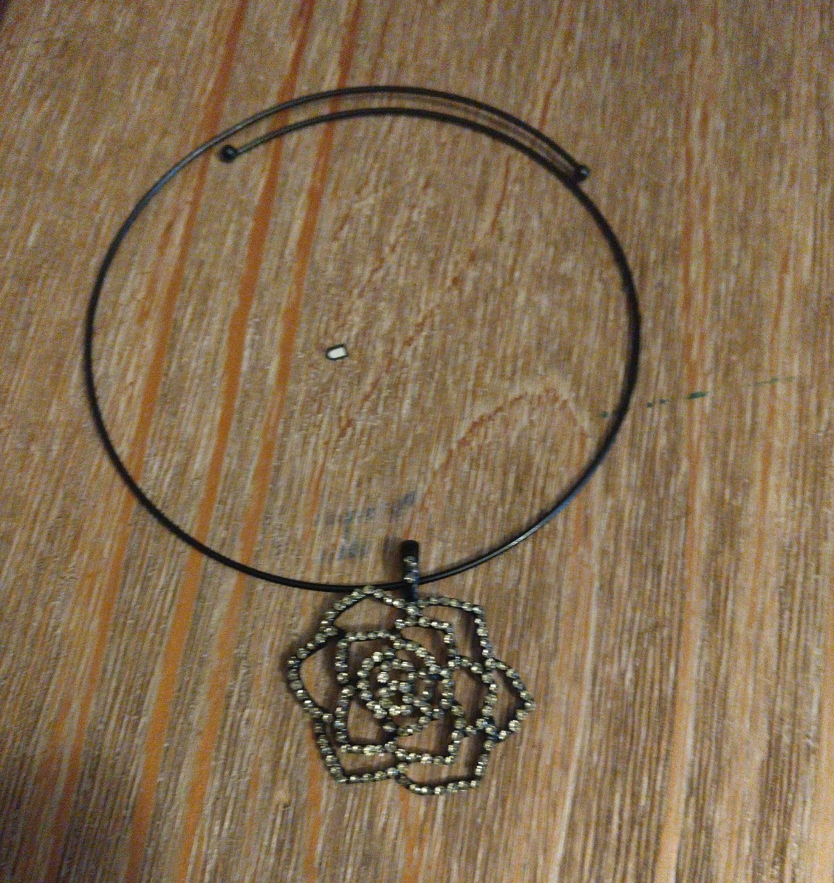 Black Wire Choker Necklace Silver Flower Charm Pendant