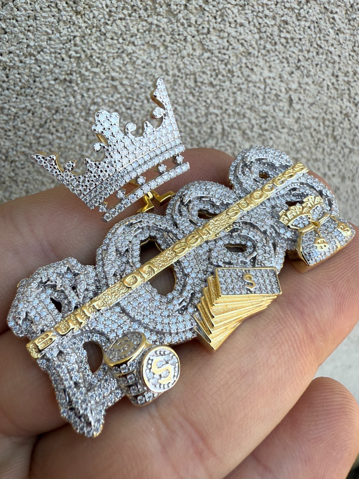 MOISSANITE BOSS & Crown “Built On Self Success” Iced Hip Hop Necklace Pendant