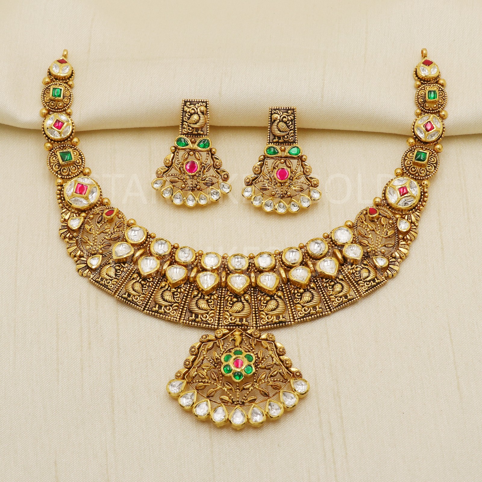 22K Yellow Gold Antique Peacock Kundan Choker Necklace Earrings Set Gem 39g