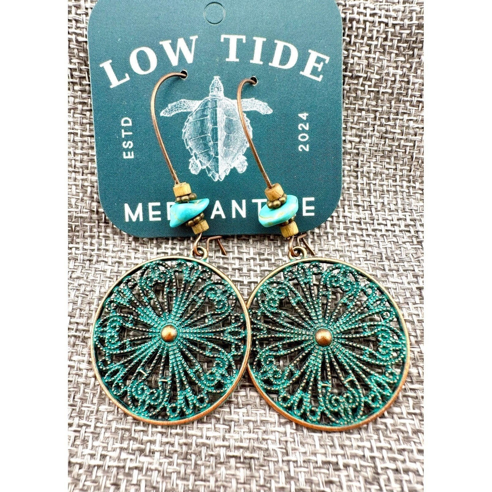 Boho Turquoise Blue Wagon Wheel Patina Copper Alloy Earrings
