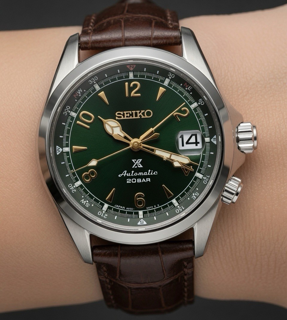 Seiko Prospex Alpinist JDM Automatic 200m Green Dial Date Brown Leather Strap