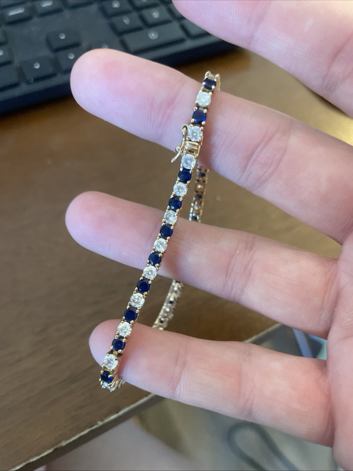 925 Sterling Silver Gold Plated Blue Clear Stone Tennis Bracelet 4mm