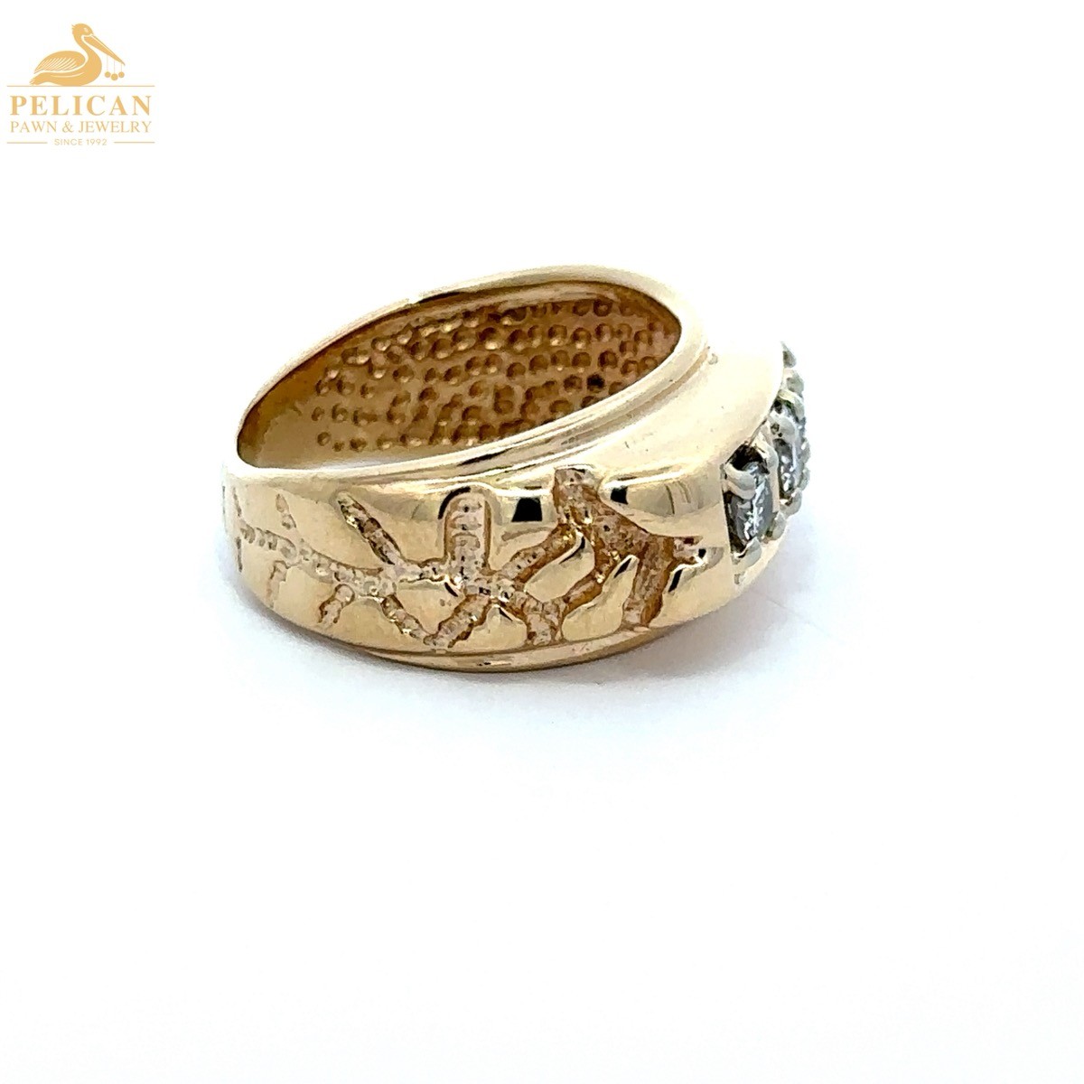 Retro Three-Stone Diamond Gold Nugget Ring 10KT Yellow Gold SZ 6.5 (PSH044027)