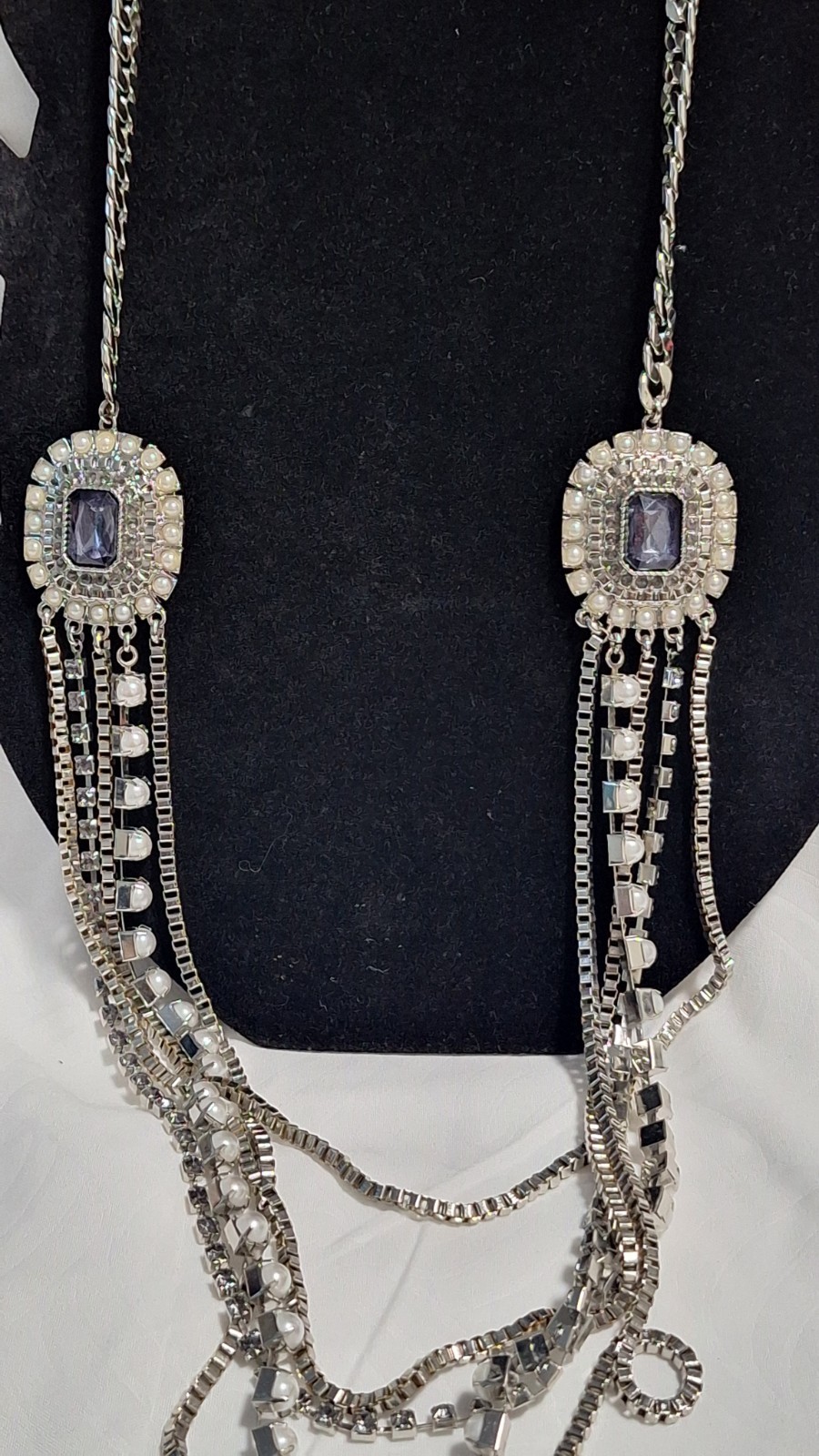 Silver Tone Layered Cable Chain Necklace Blue Rectangle Crystal Faux Pearl