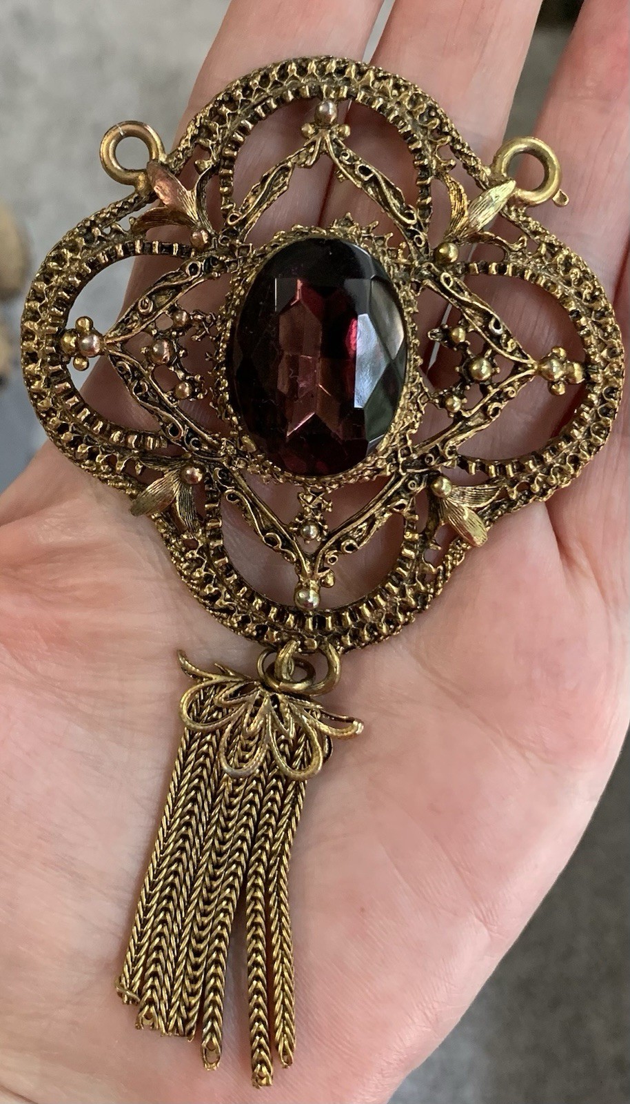 Vintage Florenza Medallion Large Pendant w/ Tassel Amethyst Glass Stone