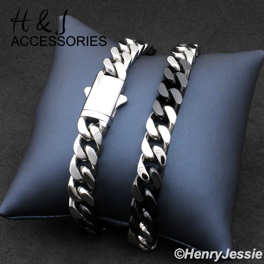 16″-40″MEN Stainless Steel 8.5mm Silver/Black Plated Miami Cuban Chain Necklace