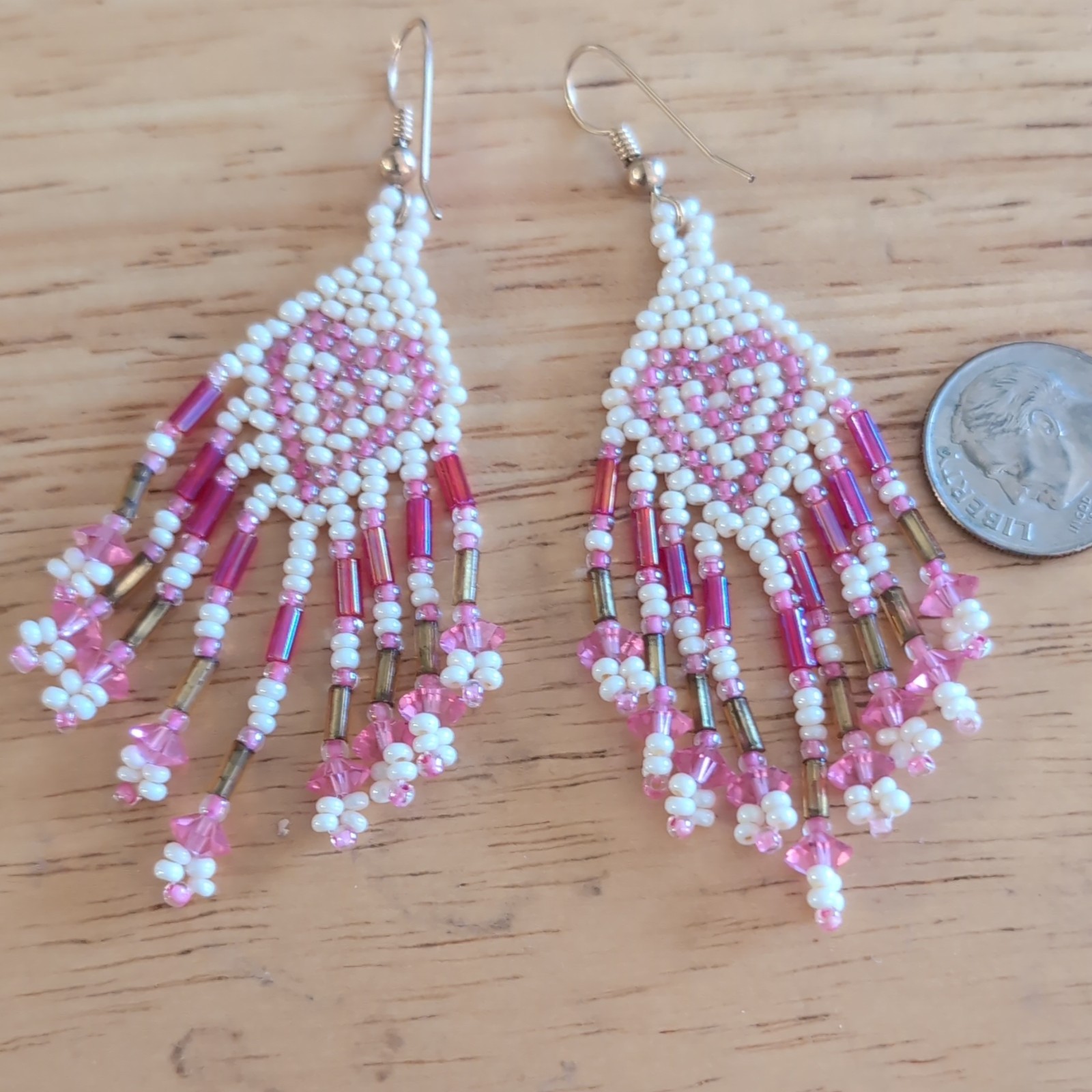 Handcrafted Pink White Gold Beaded Heart Dangle Drop Hook Earrings Glass