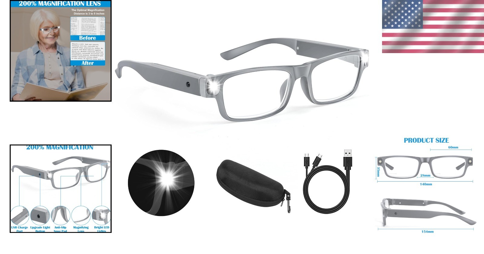 Magnifying Glasses 200% LED Lighted Hands Free Reading Craft Hobby