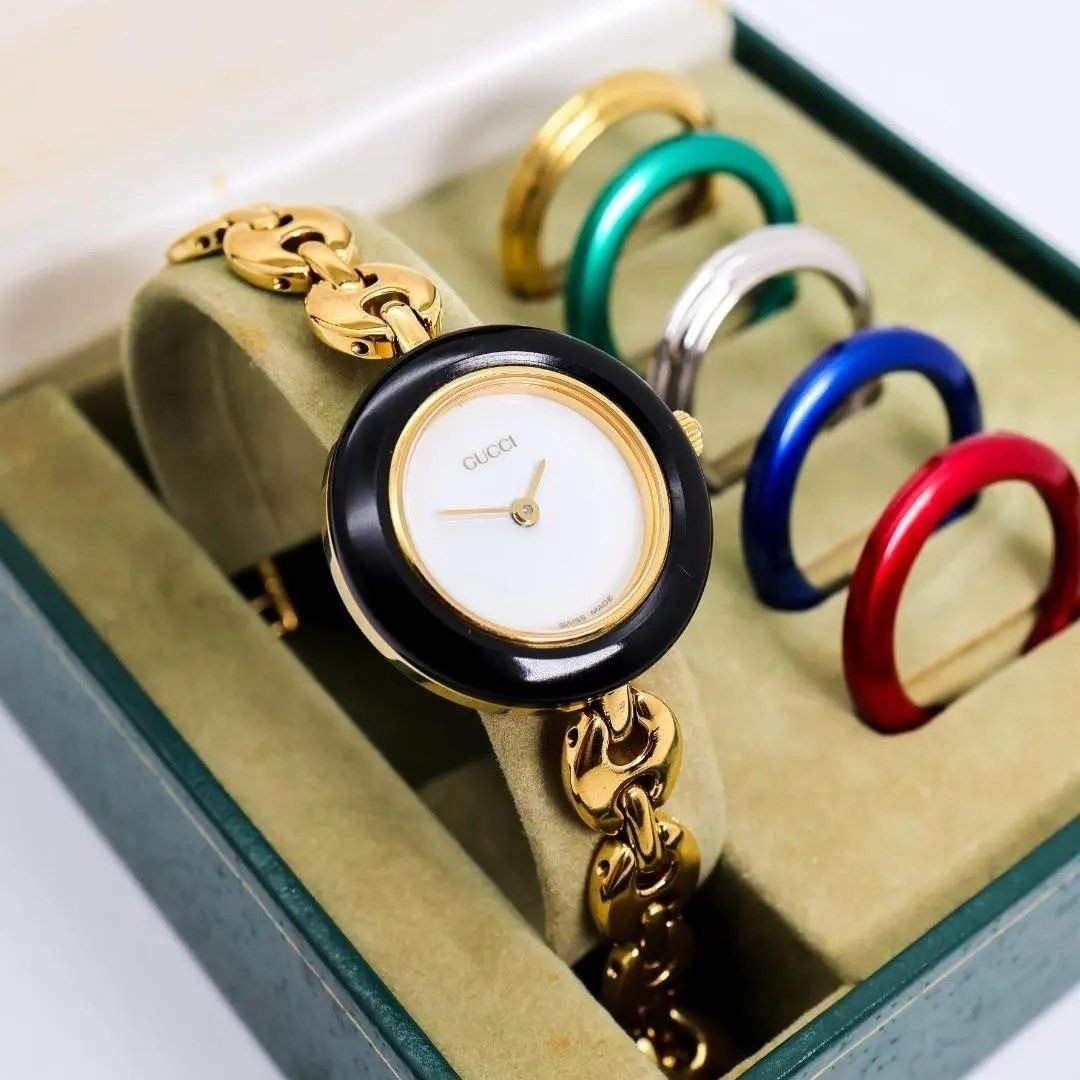 GUCCI Change Bezel 6 Colors 1100L Women’s Gold Watch with Box Card