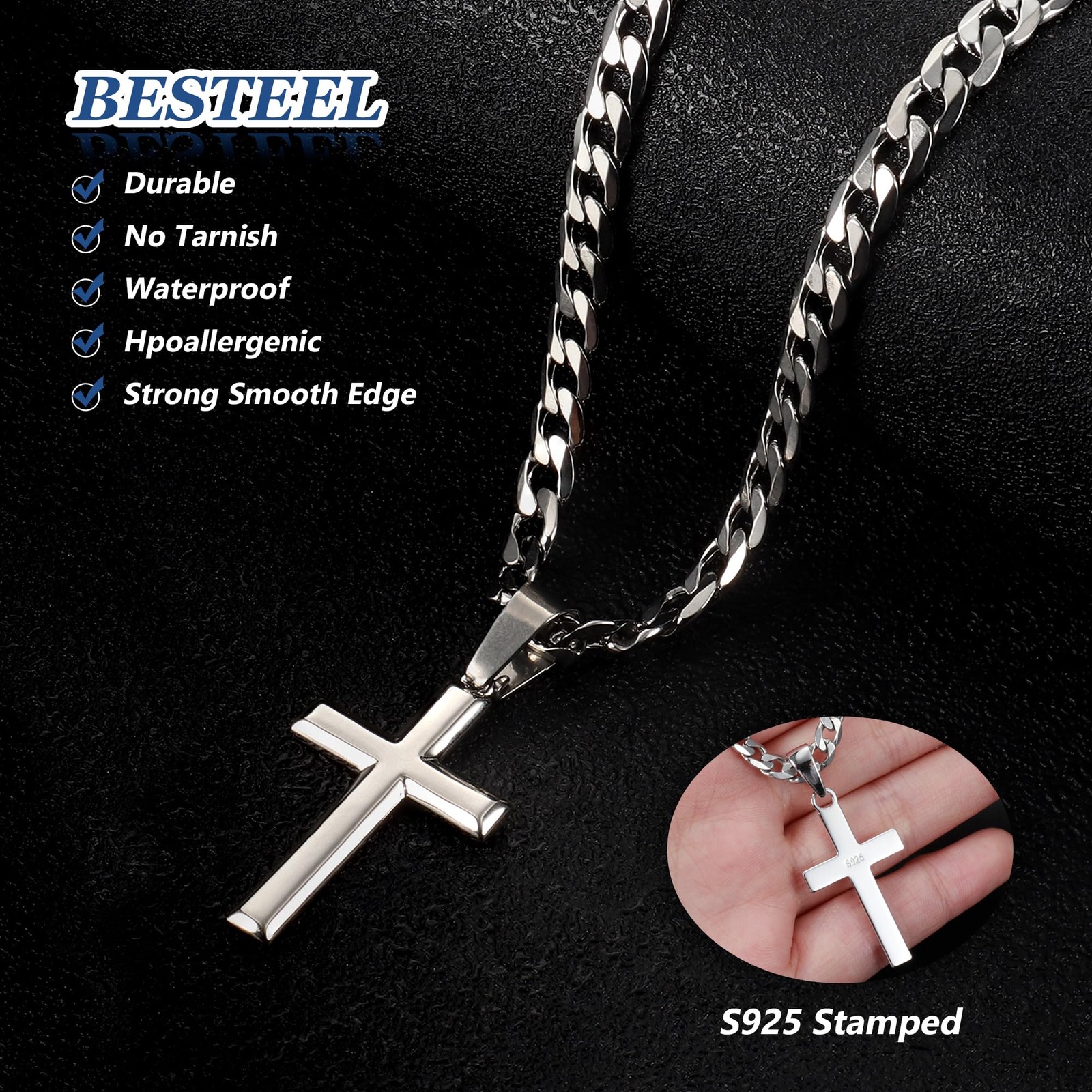 Besteel 925 Sterling Silver Cross 18 in=46 cm (Women’s Standard),