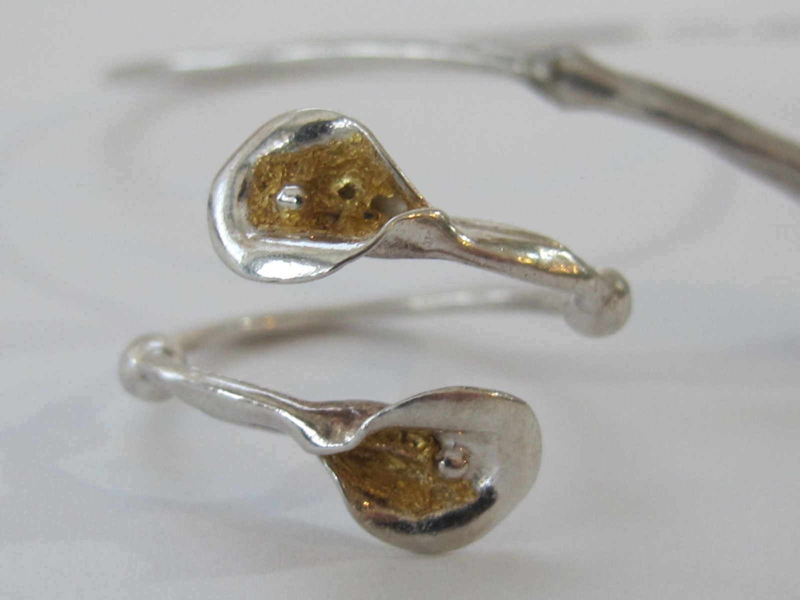 Artisan Sterling Silver 925 & Gold Flower Calla Lily Cuff Bracelet & Ring Set C3