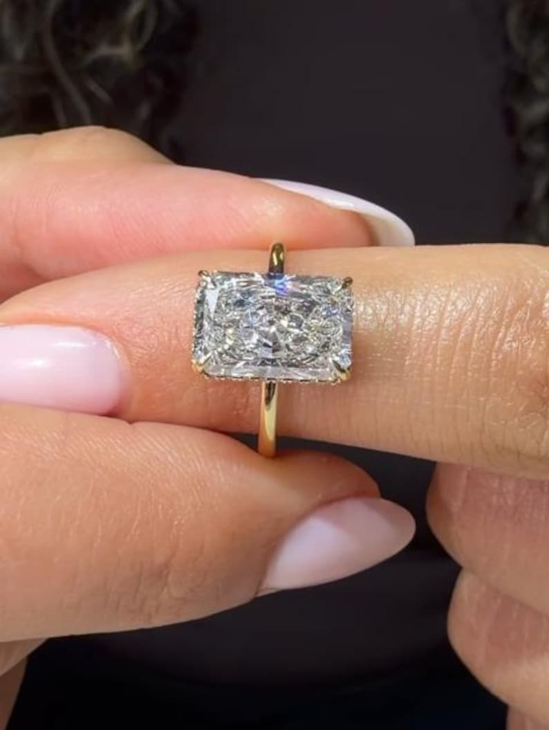 2.0 CT Radiant Cut Moissanite Prong Set 14K Gold Hidden Halo Engagement Ring