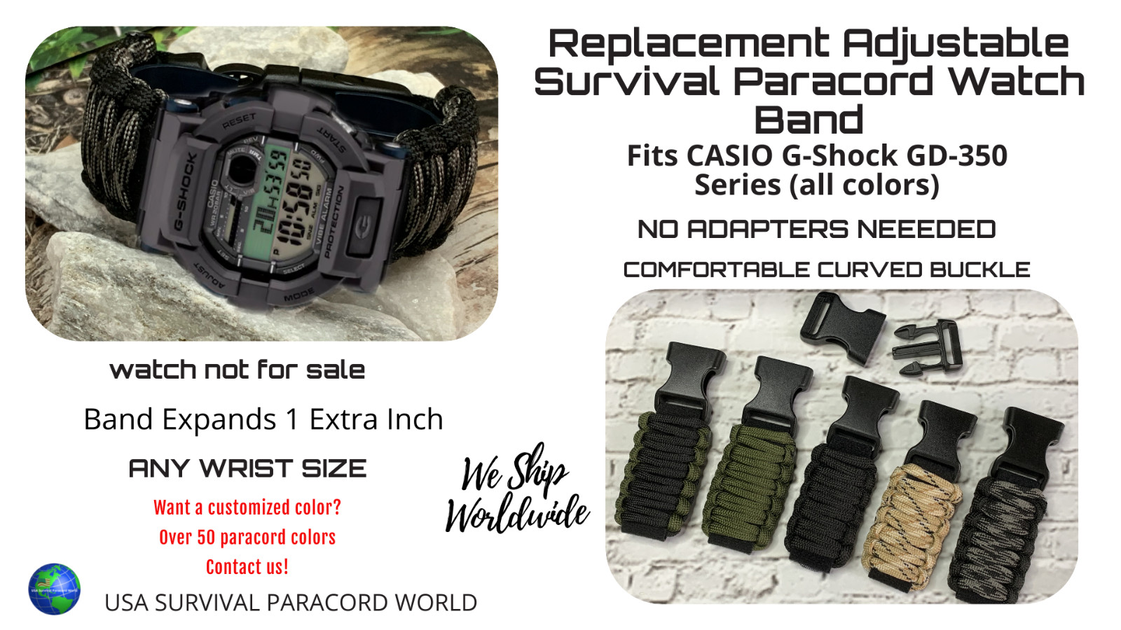 Casio G-Shock GD-350 Series Adjustable Paracord Survival Band Curved Buckle