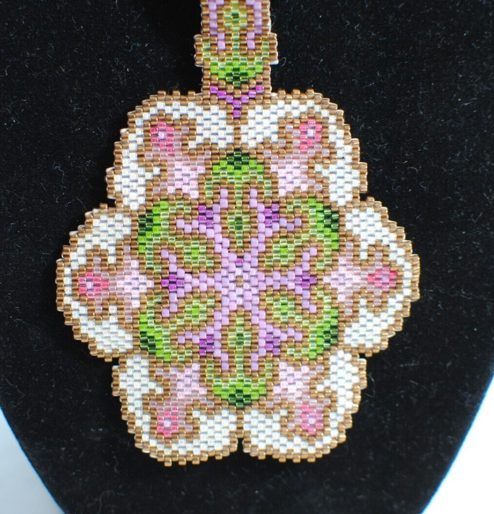 Hand Beaded Artist Design Multi Colored 3″ Pendant 24 inch Gold Beaded Chain