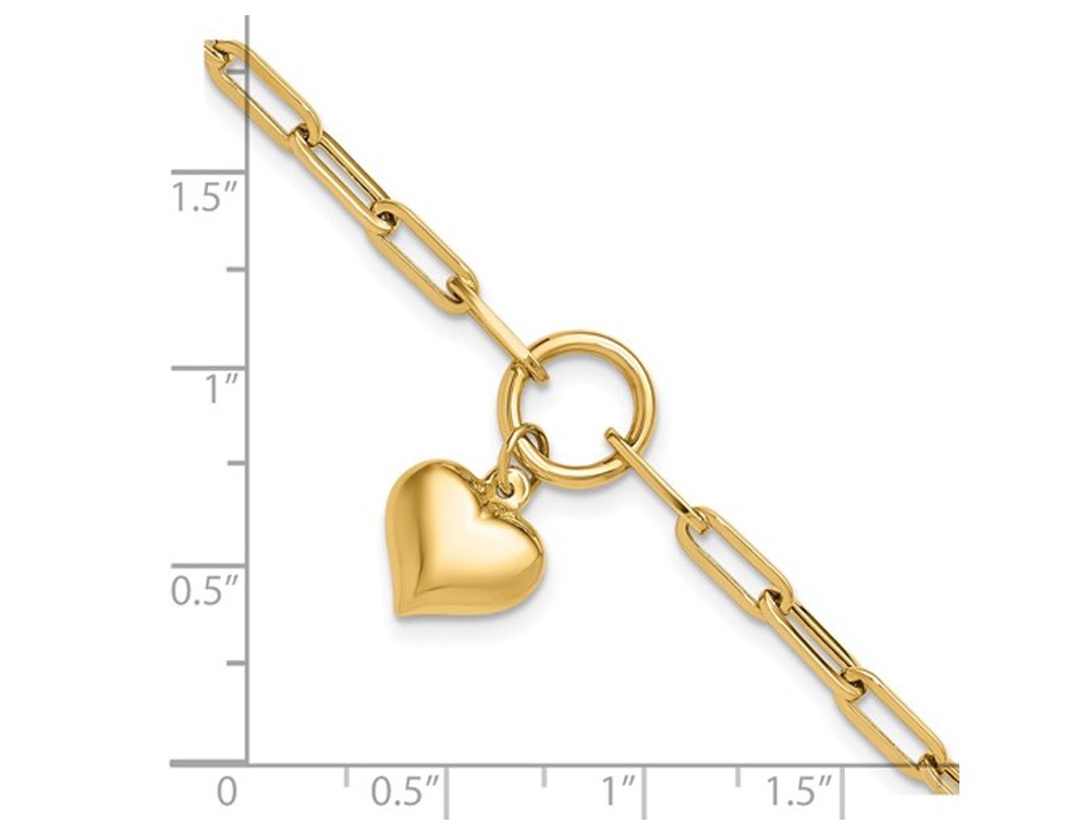 14K Yellow Gold Puffed Heart Paper Clip Link Bracelet (7.25 inches)