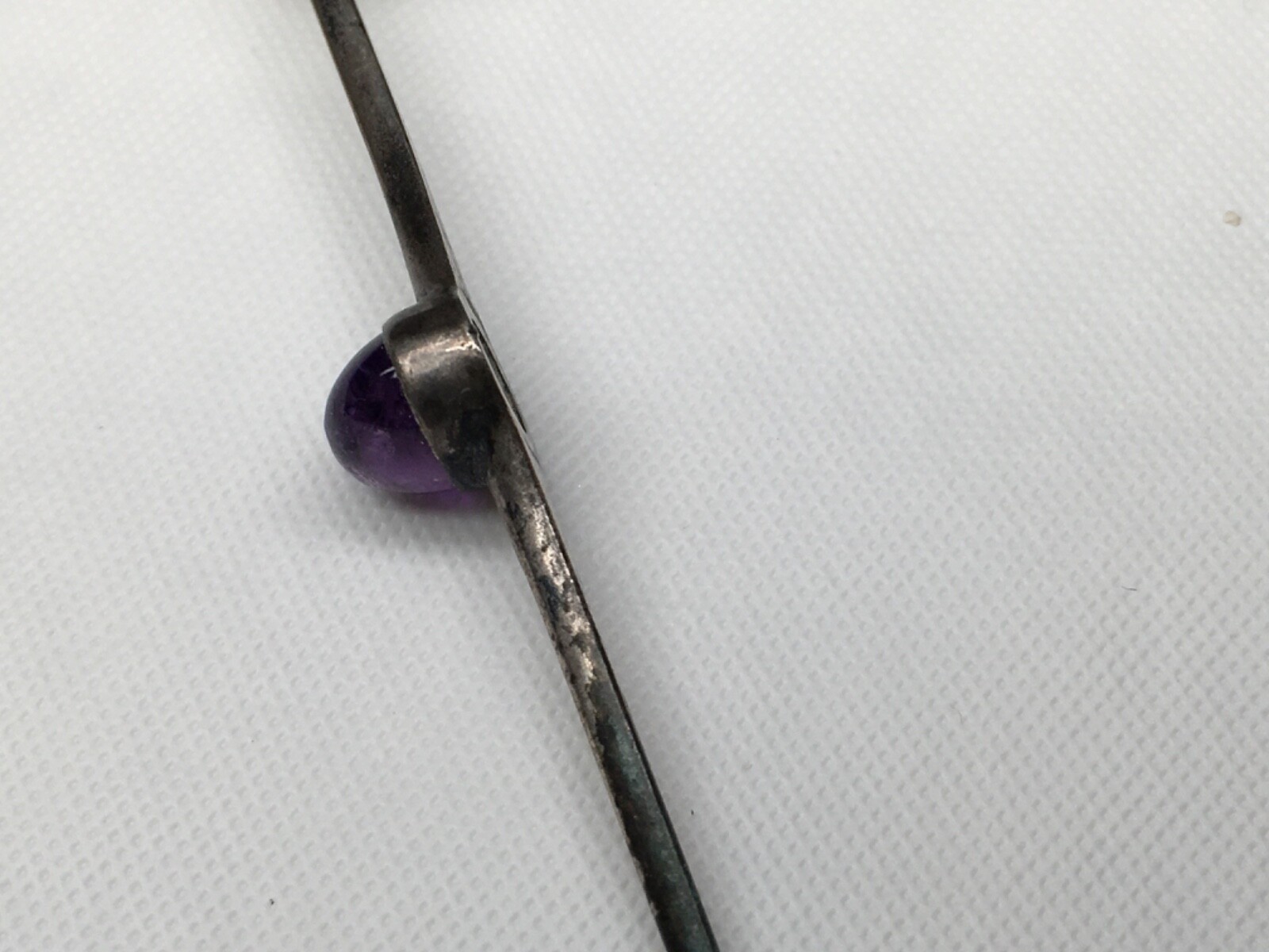 Vintage Brooch Glass OR Natural Purple Stone, 2-3/4″ Long, Unknown Metal.