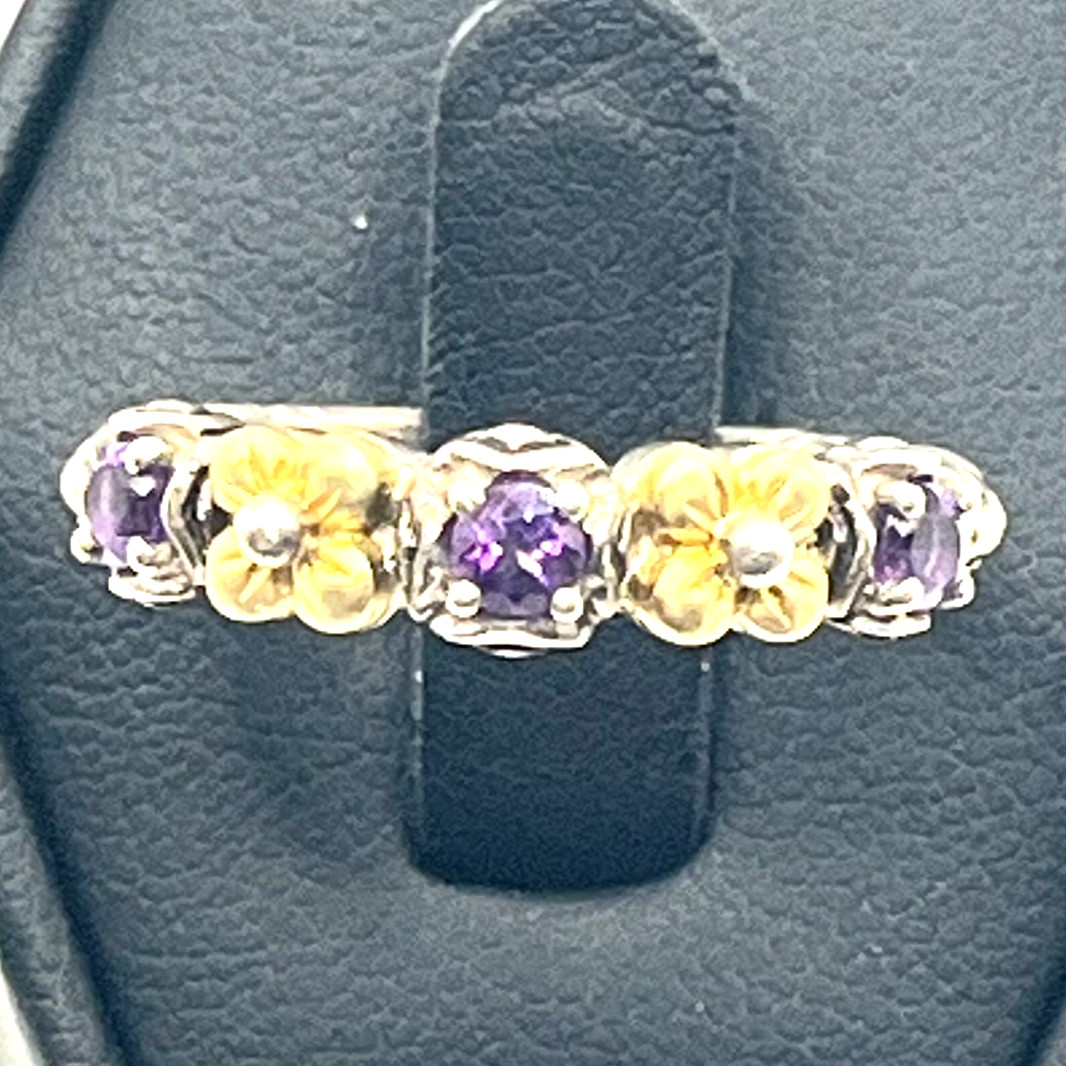 Barbara Bixby Band Ring Sz 8 Amethyst and 18k Lotus Flower Accents Sterling 925