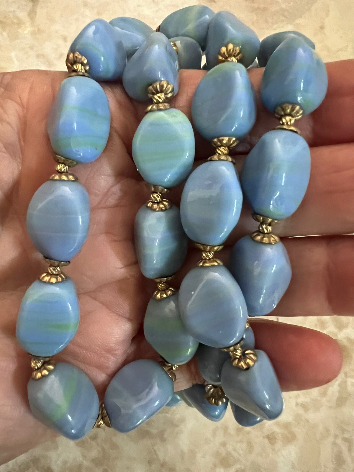Vintage Periwinkle Blue & Green Slag Art Glass Necklace – Sterling Clasp – 24”