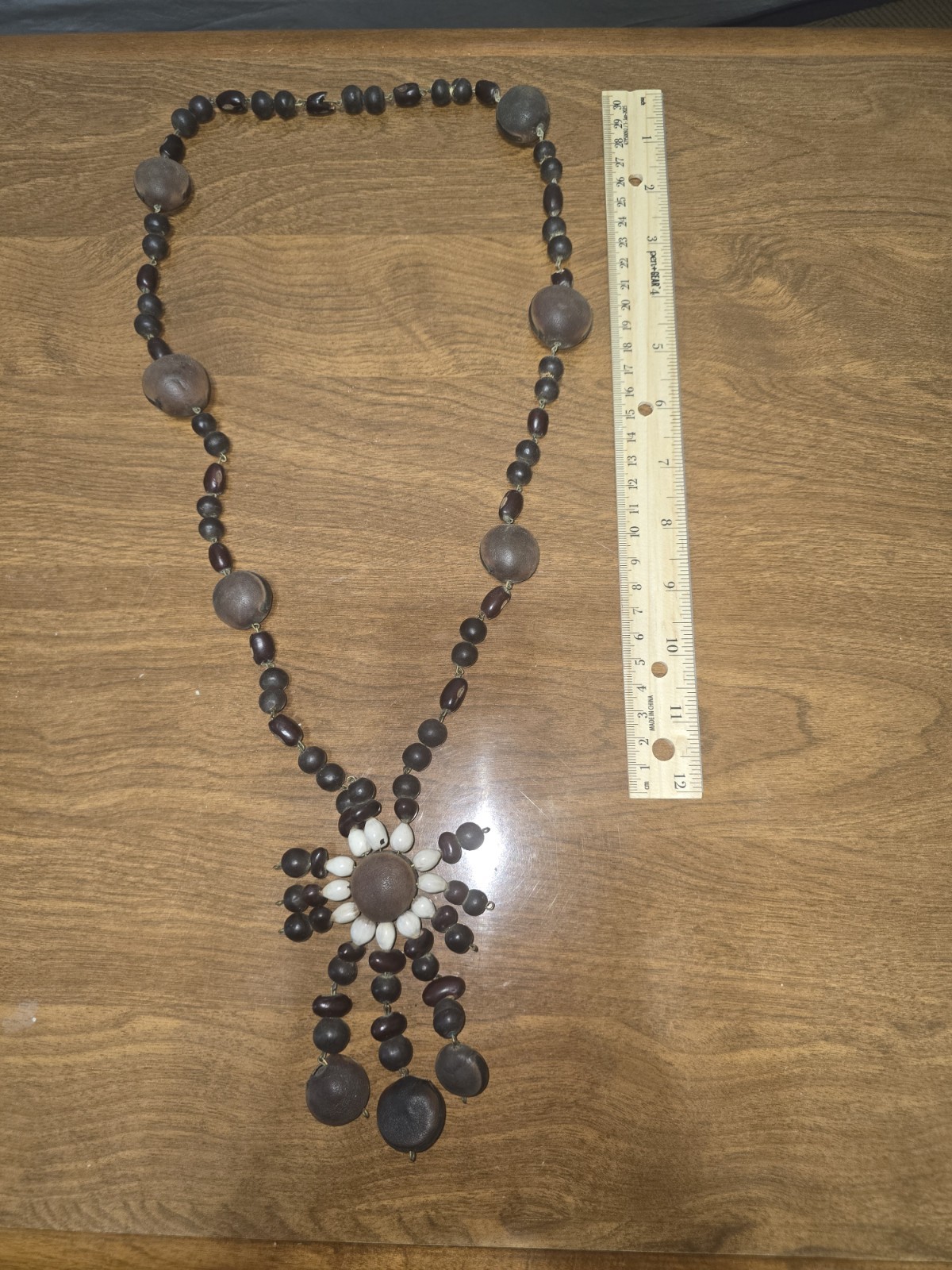 Vintage Brown Black White Wood Seed Beaded Charm Pendant Necklace 30in