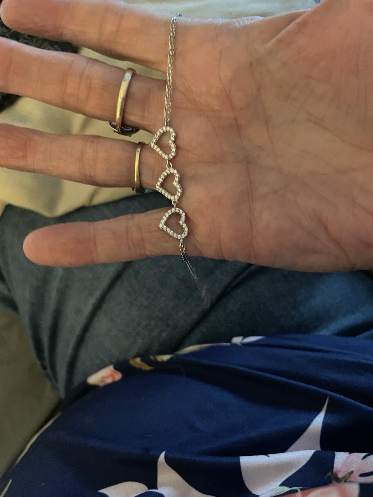 925 Sterling Silver Cable Chain Bracelet w/ Triple Open Heart Dangle Charm